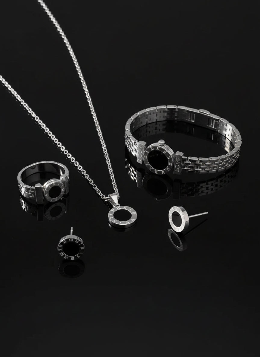 Ensemble Chiffres Romains - Collier Bracelet Bague Puces Acier Titane Minimaliste