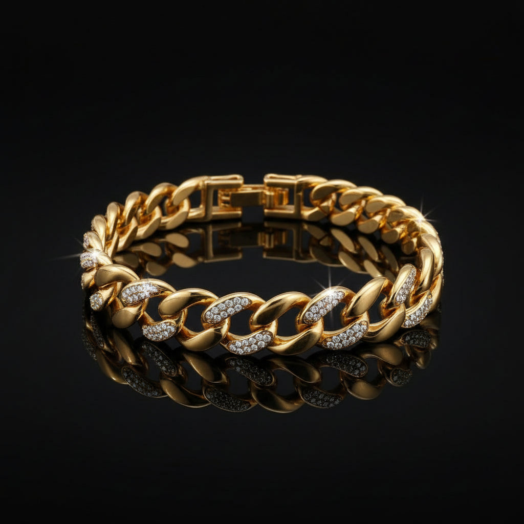 Bracelet Chaîne Trombone Plaqué Or 14K Zircon Cubique - Style Montre Chunky Ajustable