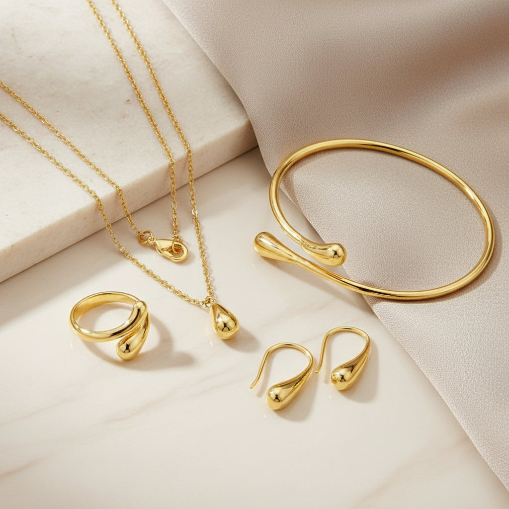 Ensemble Bijoux 4 Pièces Argent 925 Goutte d'Eau - Boucles d'Oreilles Bague Bracelet Collier Femme