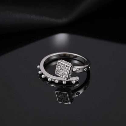 Bague Ouverte Carré Sucre Pavé Zircon & Perle — Plaqué Argent | Délicate & Romantique