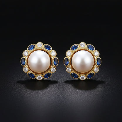 Boucles d'Oreilles Puces Dorées – Perle & Gemme Bleue Vintage