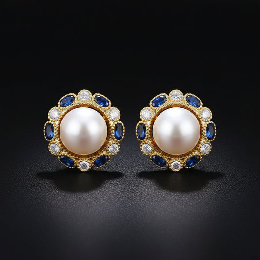 Boucles d'Oreilles Puces Dorées – Perle & Gemme Bleue Vintage