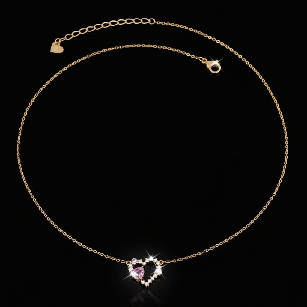 Collier Pendentif Cœur – Zircon Rose & Violet, Plaqué Or 18K