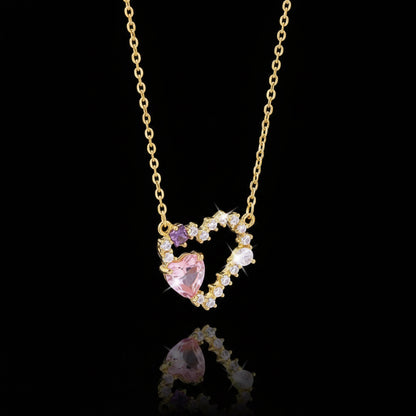 Collier Pendentif Cœur – Zircon Rose & Violet, Plaqué Or 18K