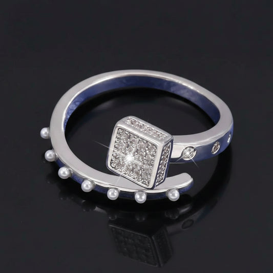 Bague Ouverte Carré Sucre Pavé Zircon & Perle — Plaqué Argent | Délicate & Romantique