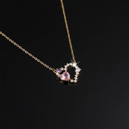 Collier Pendentif Cœur – Zircon Rose & Violet, Plaqué Or 18K