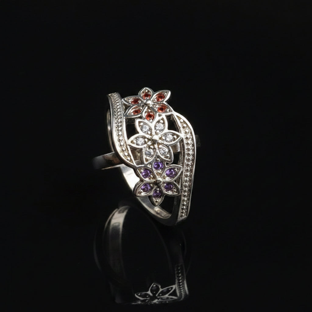 Bague Triple Fleur Multi-Pierres — Plaqué Argent | Style Vintage & Élégant