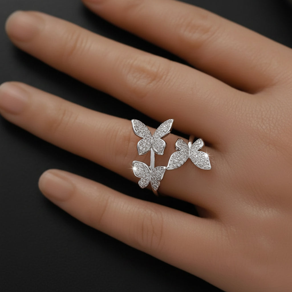 Bague Double Papillon – Zircon Pavé & Plaqué Argent