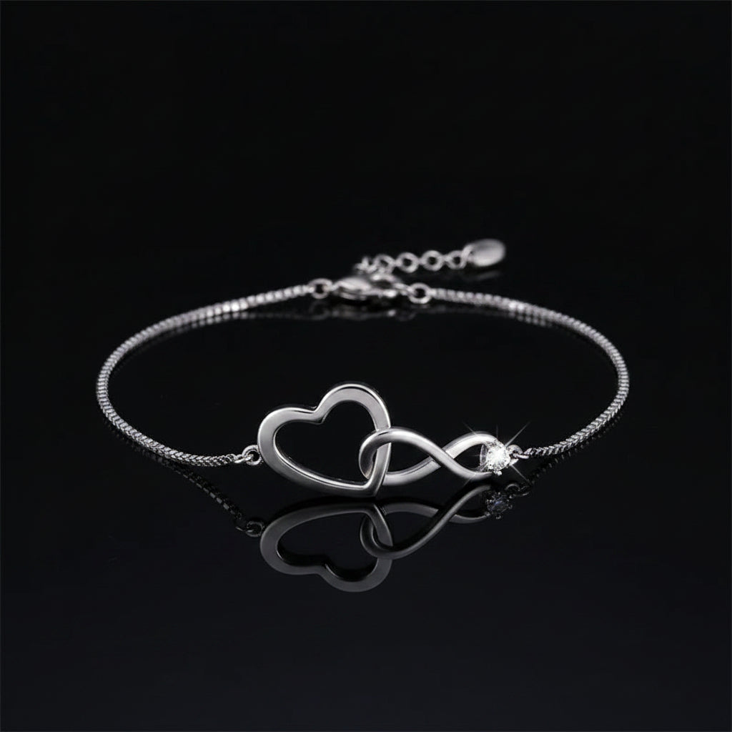 Bracelet Infini Cœur Pavé Zircon Ajustable – Plaqué Argent