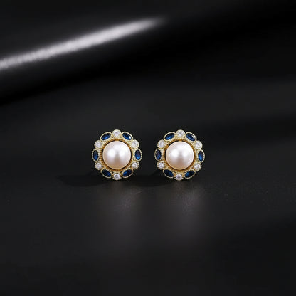 Boucles d'Oreilles Puces Dorées – Perle & Gemme Bleue Vintage
