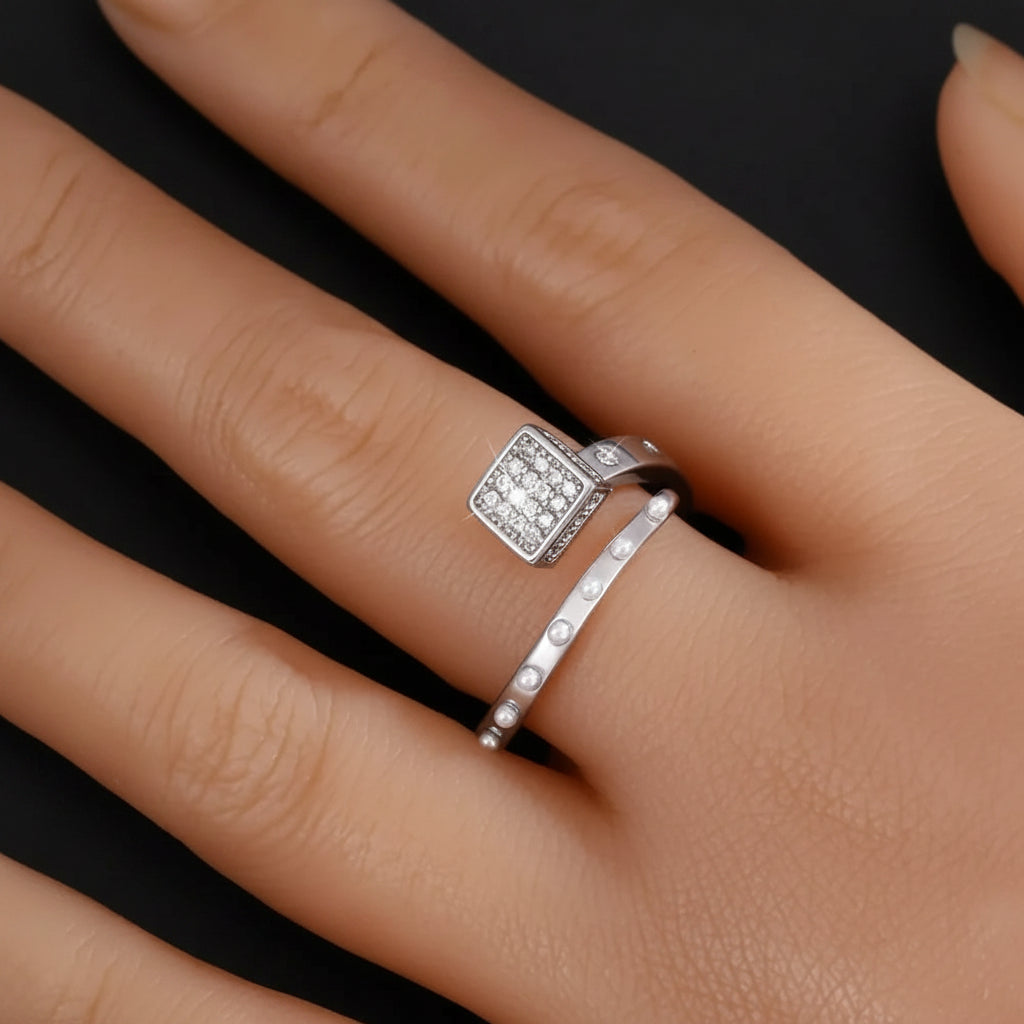 Bague Ouverte Carré Sucre Pavé Zircon & Perle — Plaqué Argent | Délicate & Romantique