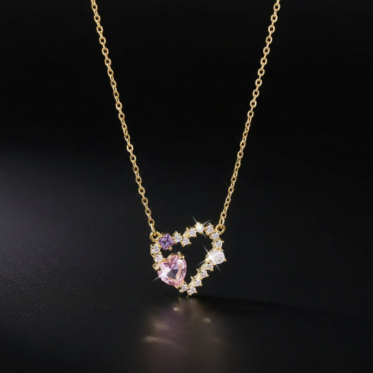 Collier Pendentif Cœur – Zircon Rose & Violet, Plaqué Or 18K
