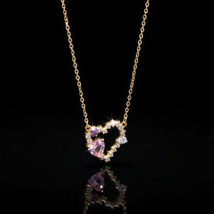 Collier Pendentif Cœur – Zircon Rose & Violet, Plaqué Or 18K