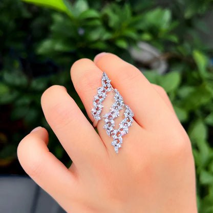 Bague Ajustable Argent Plaqué Zircon Cubique Feuille - Bijou Mariage Femme