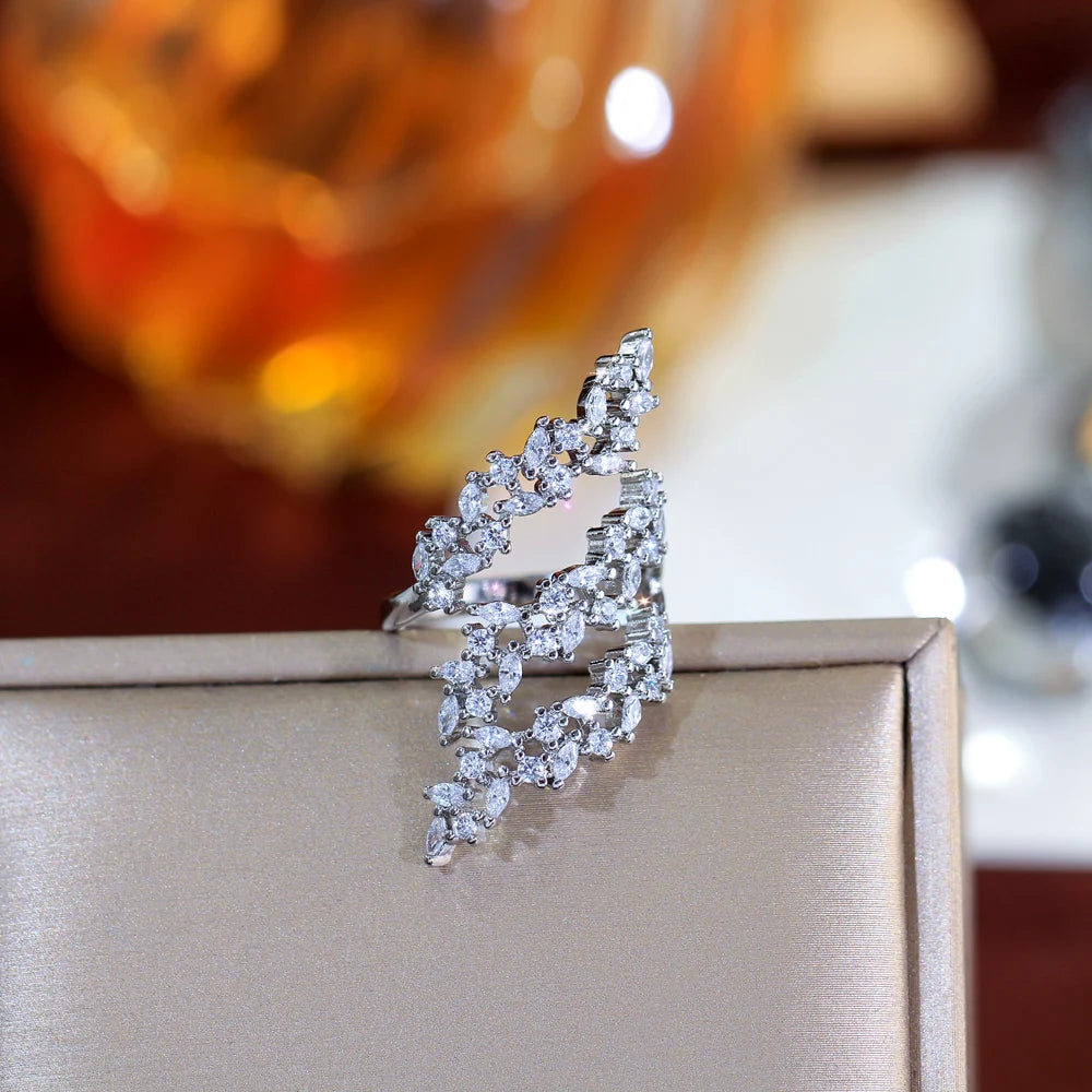 Bague Ajustable Argent Plaqué Zircon Cubique Feuille - Bijou Mariage Femme