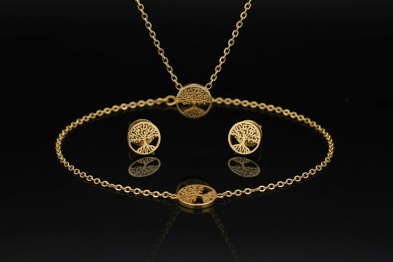 Ensemble 4 Pièces Arbre de Vie - Collier, Bracelet et Boucles d'Oreilles en Acier Inoxydable
