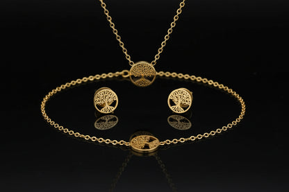 Ensemble 4 Pièces Arbre de Vie - Collier, Bracelet et Boucles d'Oreilles en Acier Inoxydable