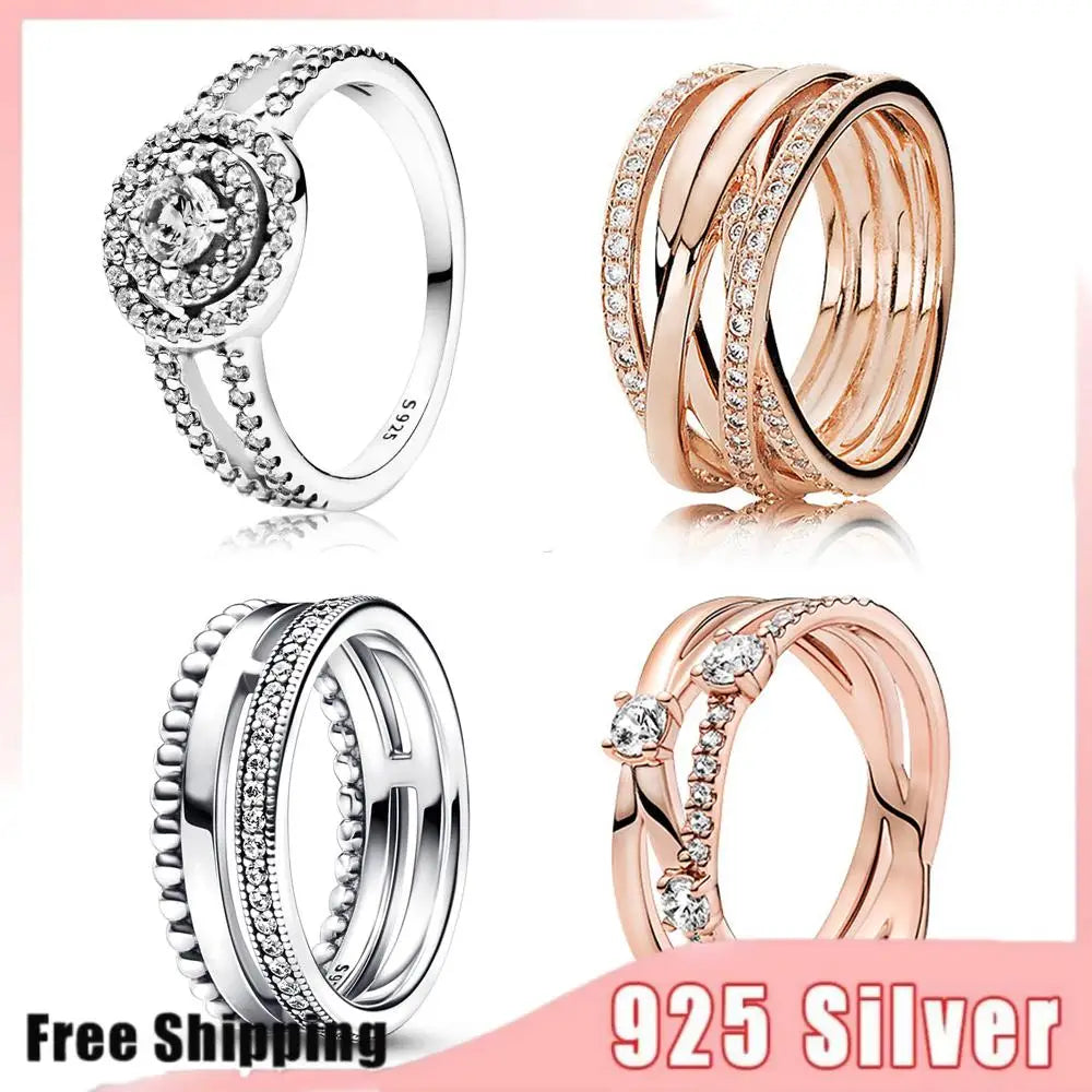 New Hot 925 Silver Crown Sparkling Rings Sun Moon Celestial Heart Women's Set Ring Wedding Diy Charm Luxury DIY Jewelry Gift