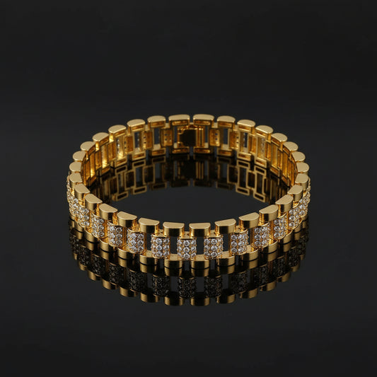 Bracelet Chaîne Trombone Plaqué Or 14K Zircon Cubique - Style Montre Chunky Ajustable