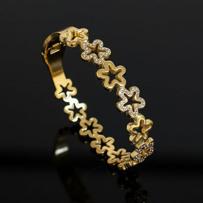 1 Bracelet Manchette Fleur Ajourée Strass Acier Inoxydable - Style Rétro Waterproof Empilable
