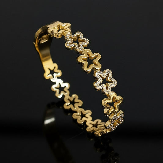 1 Bracelet Manchette Fleur Ajourée Strass Acier Inoxydable - Style Rétro Waterproof Empilable