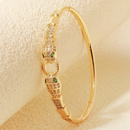 Bracelet Jonc Serpent & Tigre Acier Inoxydable Doré - Zirconia Femme Style Animal