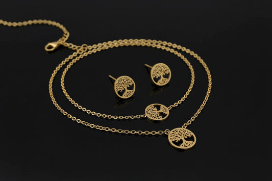 Ensemble 4 Pièces Arbre de Vie - Collier, Bracelet et Boucles d'Oreilles en Acier Inoxydable