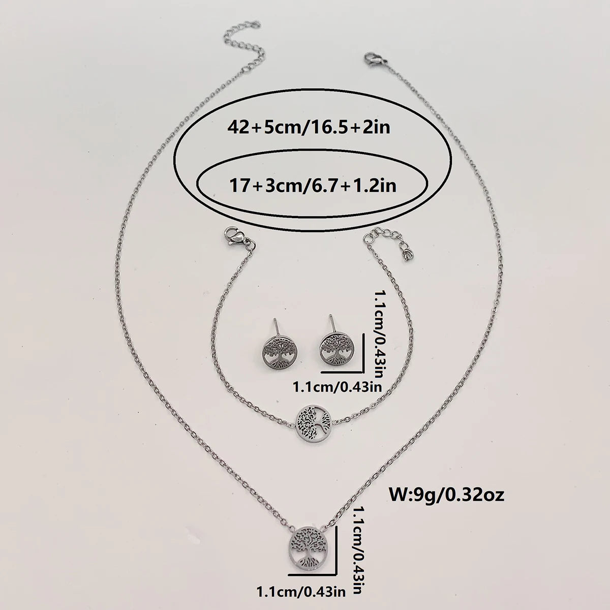 Ensemble 4 Pièces Arbre de Vie - Collier, Bracelet et Boucles d'Oreilles en Acier Inoxydable
