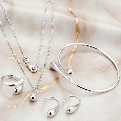 Ensemble Bijoux 4 Pièces Argent 925 Goutte d'Eau - Boucles d'Oreilles Bague Bracelet Collier Femme