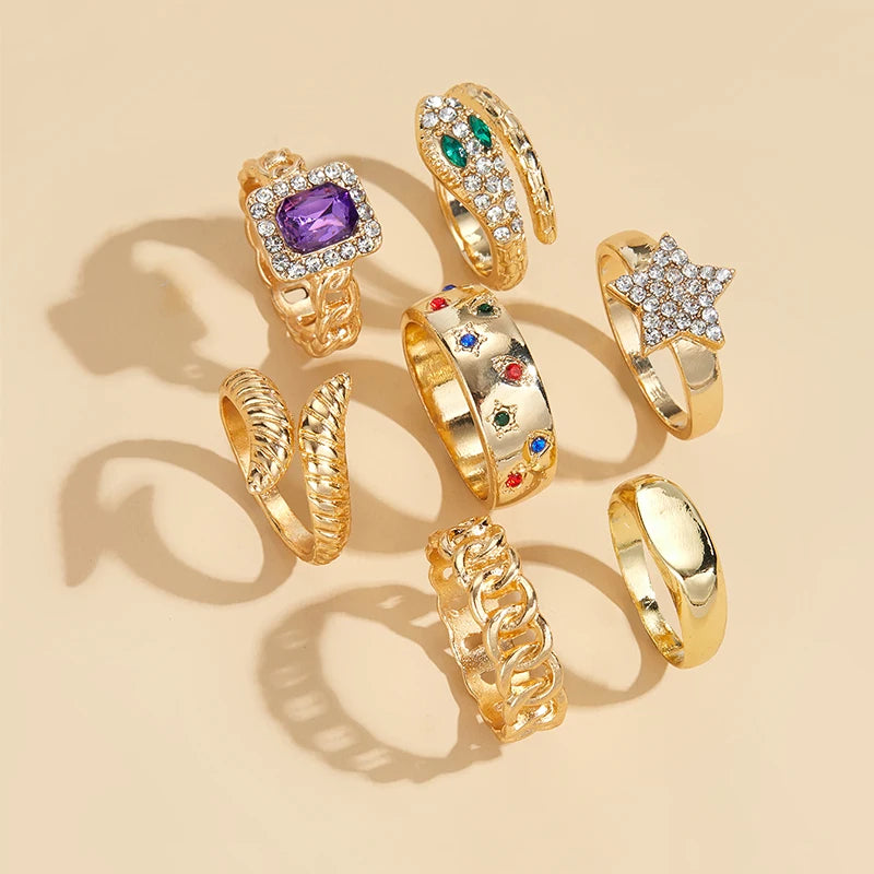 Celestial Stacking Rings Kit Gold Plated Boho Chunky Rings Gold Tone Statement Rings Irregular Thick Chunky Ring Jewelry Gift