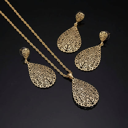 Parure Marocaine Goutte Ajourée Doré - Collier et Boucles d'Oreilles Style Arabesque Mariée