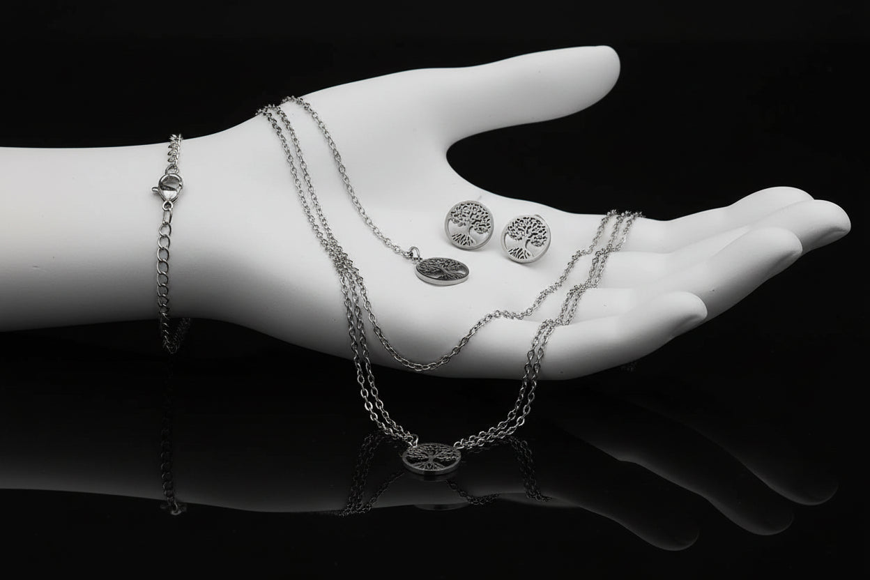Ensemble 4 Pièces Arbre de Vie - Collier, Bracelet et Boucles d'Oreilles en Acier Inoxydable