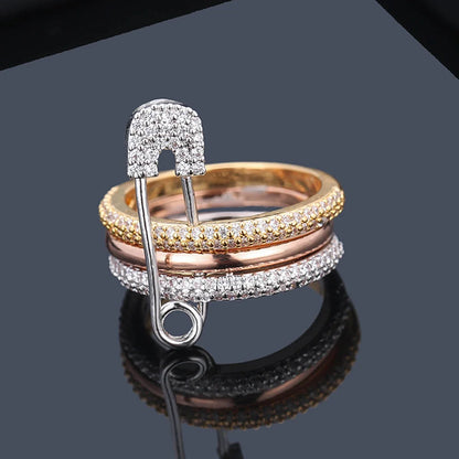Bague Trois Couches Design Épingle - Bijou Femme Élégant Cadeau Saint-Valentin