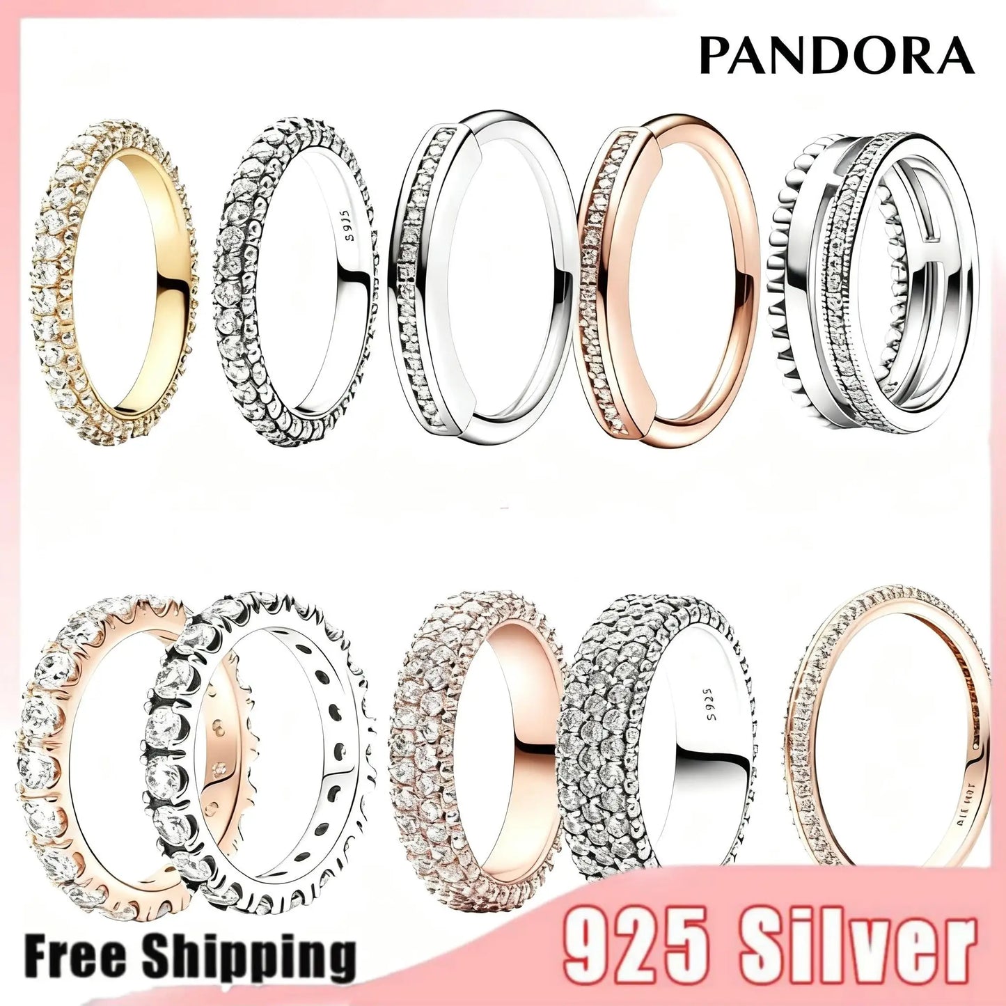 New Hot 925 Silver Colorful Timeless Pavé Triple-row Rings Wedding Diy Charm Luxury DIY Jewelry Gifts