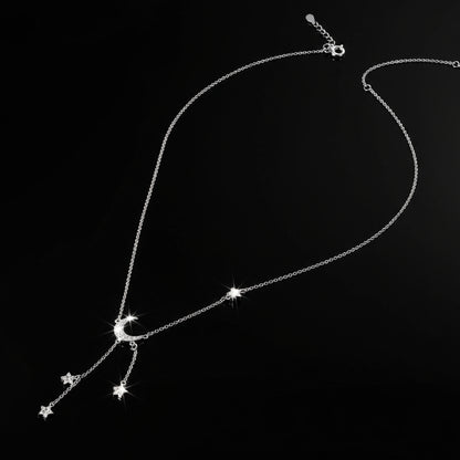 Collier Argent 925 Plaqué Or - Pendentif Lune Étoile Zircon Femme