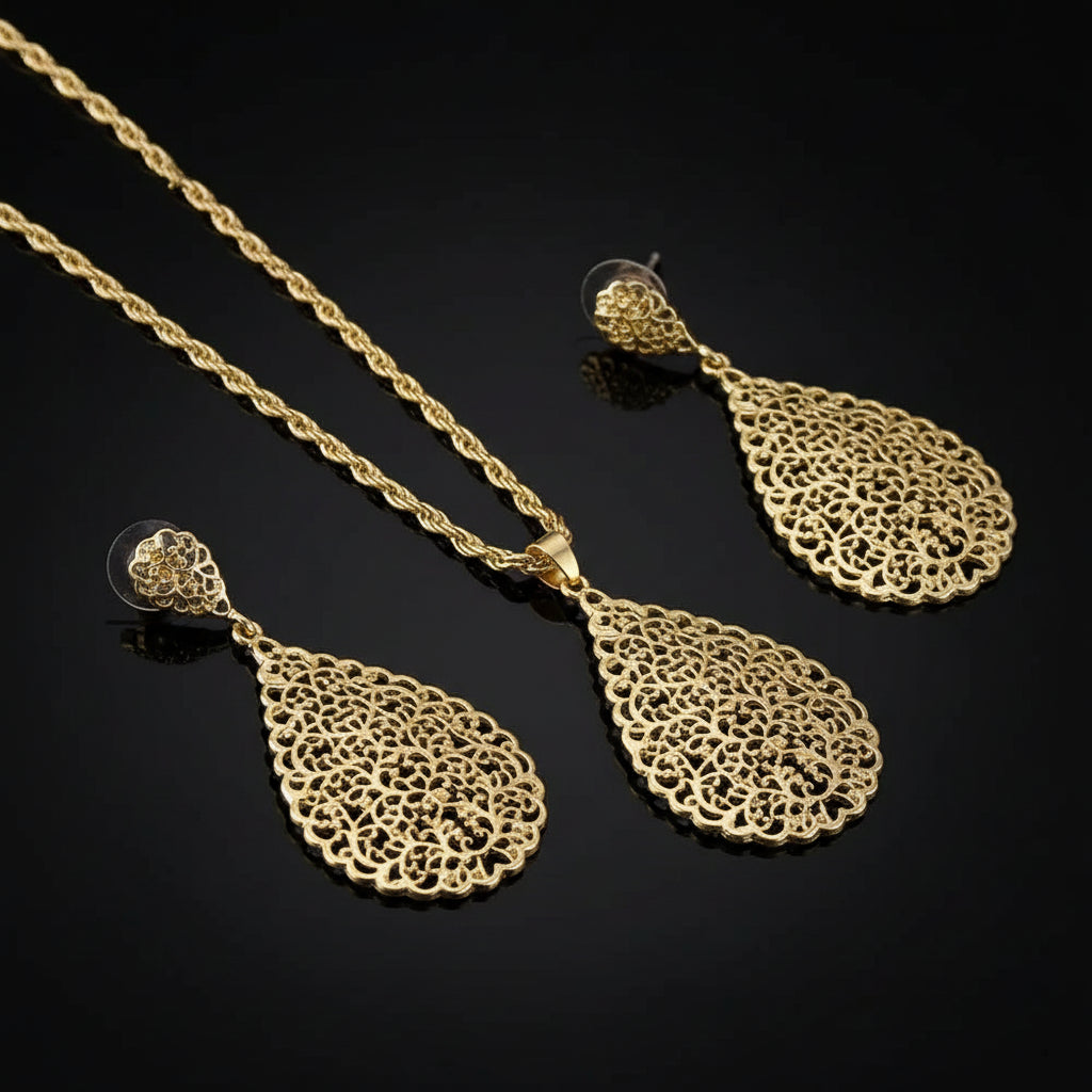 Parure Marocaine Goutte Ajourée Doré - Collier et Boucles d'Oreilles Style Arabesque Mariée