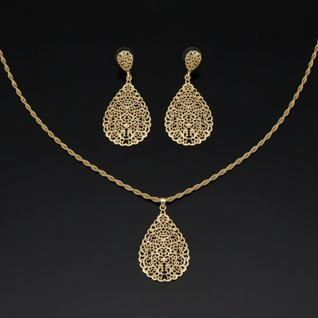 Parure Marocaine Goutte Ajourée Doré - Collier et Boucles d'Oreilles Style Arabesque Mariée