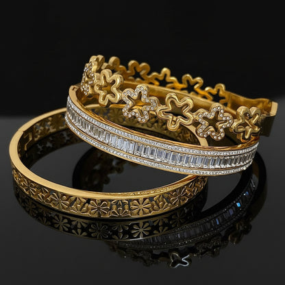 1 Bracelet Manchette Fleur Ajourée Strass Acier Inoxydable - Style Rétro Waterproof Empilable