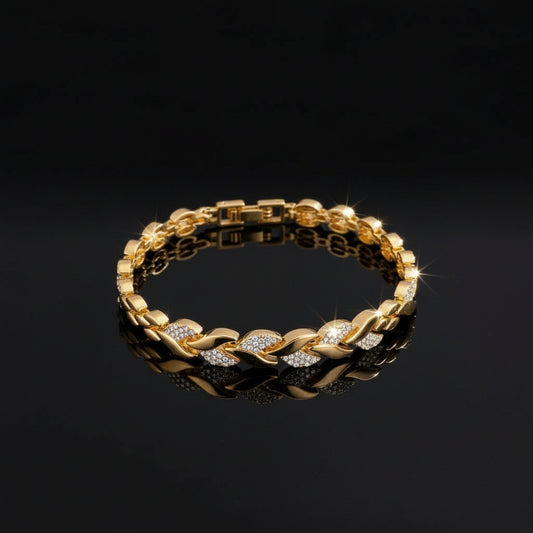 Bracelet Chaîne Trombone Plaqué Or 14K Zircon Cubique - Style Montre Chunky Ajustable