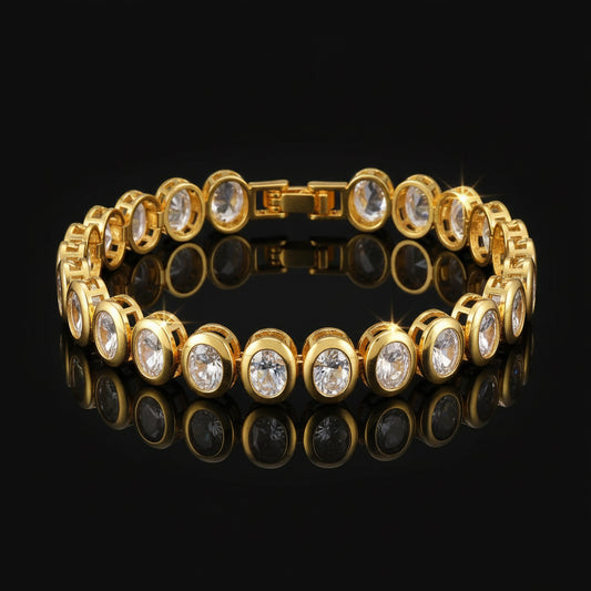 Bracelet Chaîne Trombone Plaqué Or 14K Zircon Cubique - Style Montre Chunky Ajustable