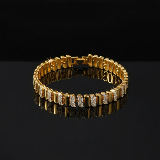 Bracelet Chaîne Trombone Plaqué Or 14K Zircon Cubique - Style Montre Chunky Ajustable