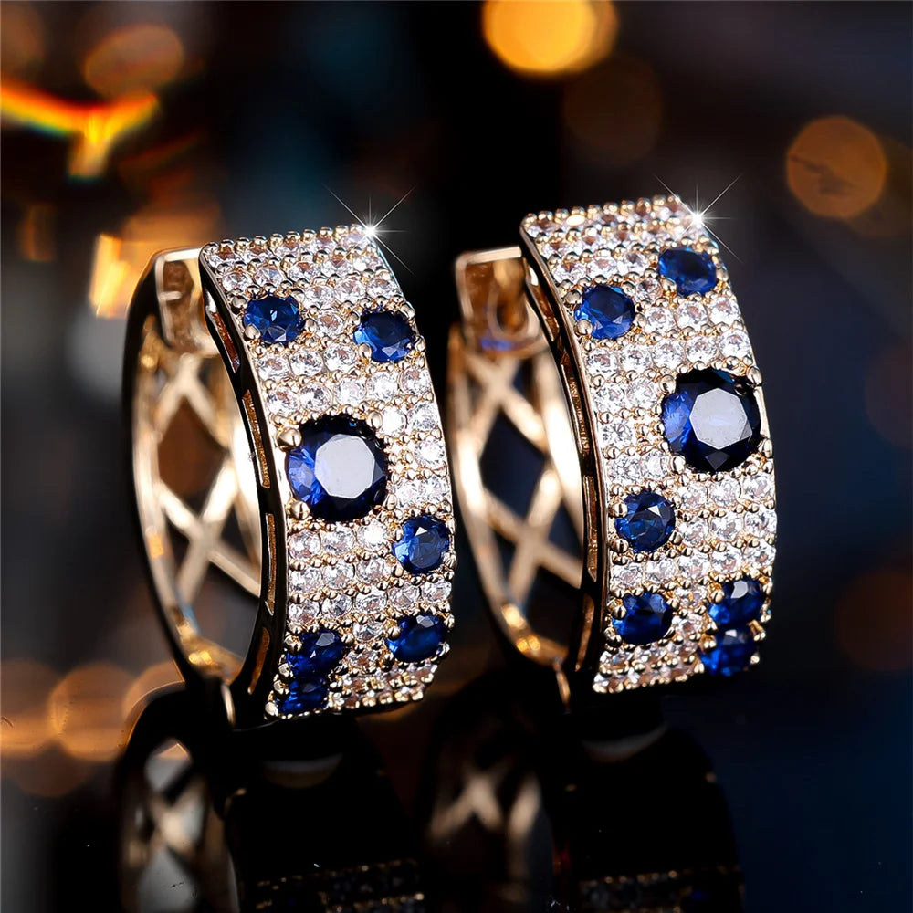 Cute Female White Blue Zircon Stone Round Hoop Earrings Fashion Gold Color Wedding Jewelry For Women